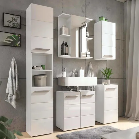 Wall Cabinet with Notched Design - White Gloss