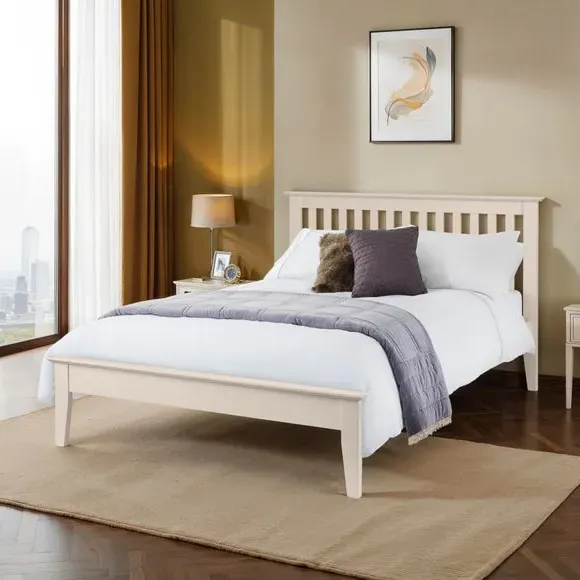 Wooden Bed Frame with Slats - Ivory, Oak