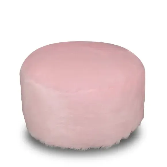 Round Footstool with Zip Opening - Pink, Faux Fur