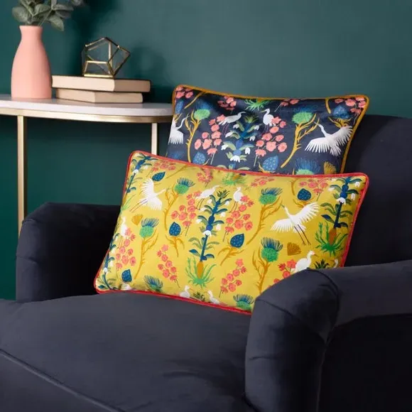 Square Cushion with Piped Trim - Blue, Velvet