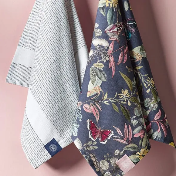 Set of 2 Tea Towels Floral Print - Blue, Cotton