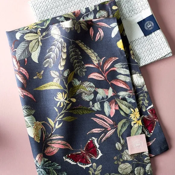 Set of 2 Tea Towels Floral Print - Blue, Cotton