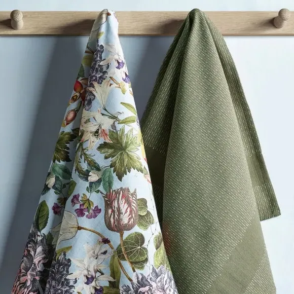 Set of 2 Tea Towels Floral Print - Green, Cotton
