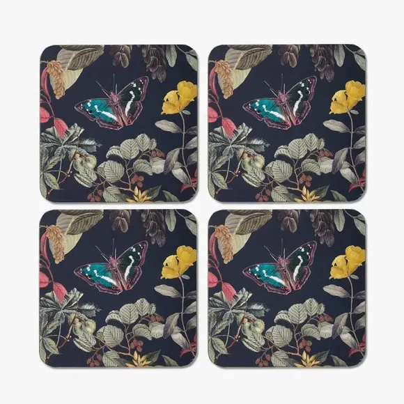 Set of 4 Coasters Floral Design - Blue, Cork