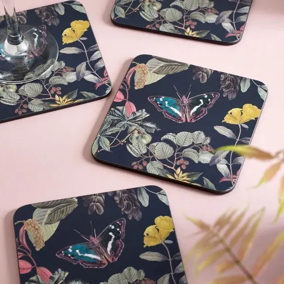 Set of 4 Coasters Floral Design - Blue, Cork image