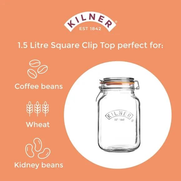 1.5L Square Storage Jar with Clip Lid - Clear