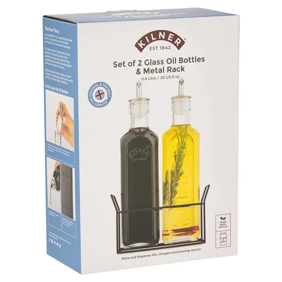 2-Piece Oil Bottle Set with Rack - Clear Glass