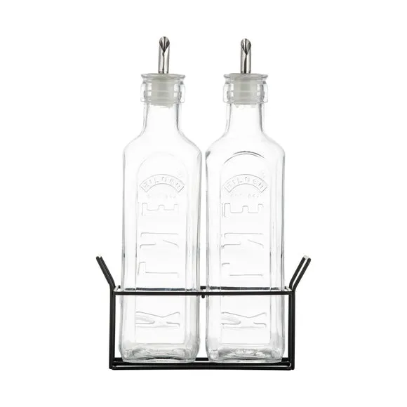 2-Piece Oil Bottle Set with Rack - Clear Glass