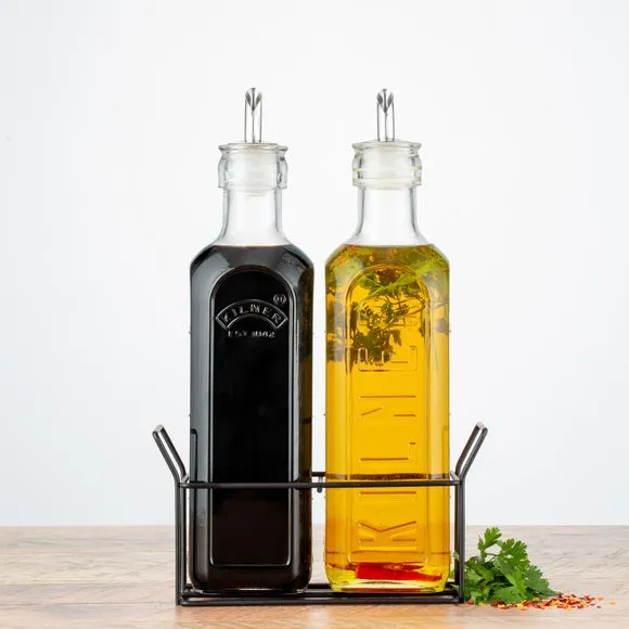 2-Piece Oil Bottle Set with Rack - Clear Glass image