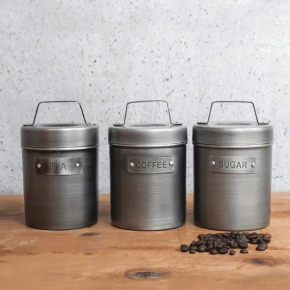 3-Piece Canister Set with Lids - Grey, Metal
