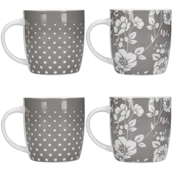 4-Piece Mug Set Floral Design - Grey, Stoneware