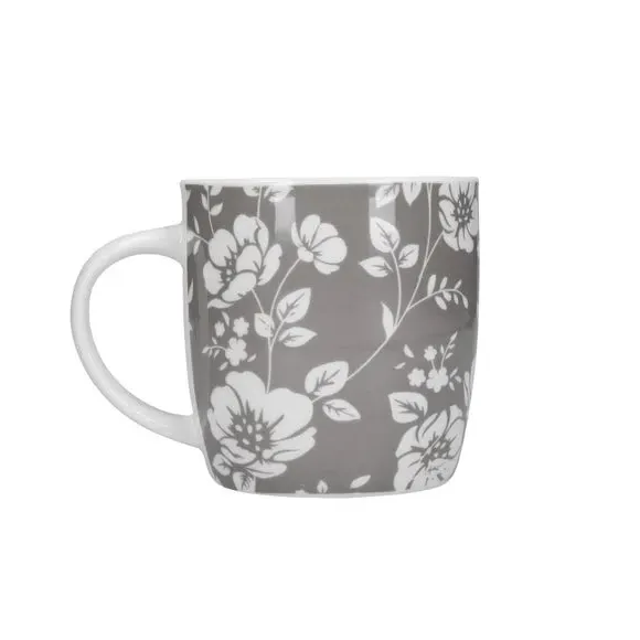 4-Piece Mug Set Floral Design - Grey, Stoneware
