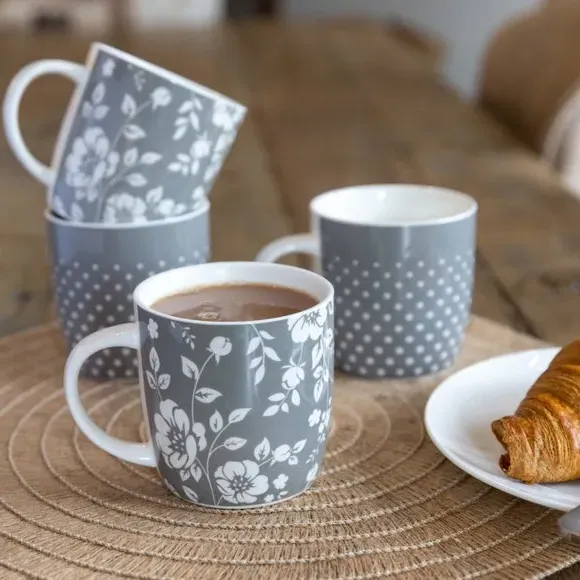 4-Piece Mug Set Floral Design - Grey, Stoneware