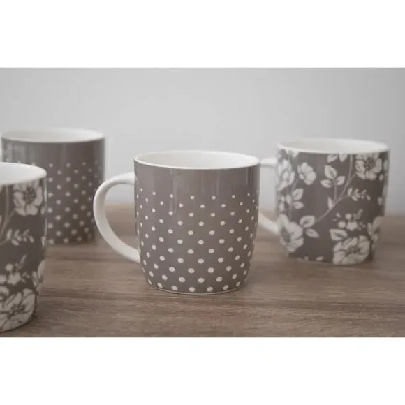 4-Piece Mug Set Floral Design - Grey, Stoneware