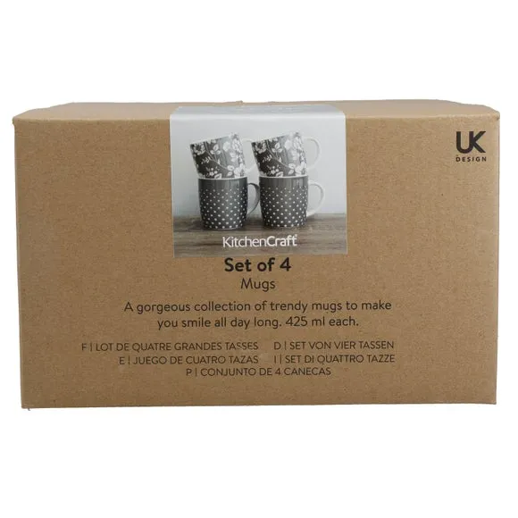 4-Piece Mug Set Floral Design - Grey, Stoneware