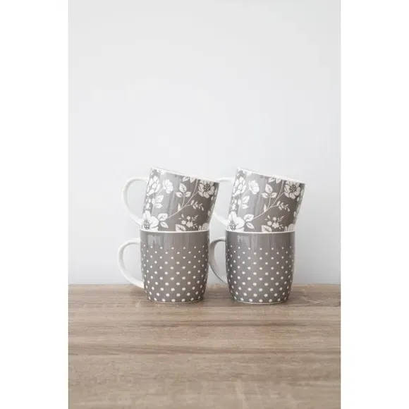 4-Piece Mug Set Floral Design - Grey, Stoneware image