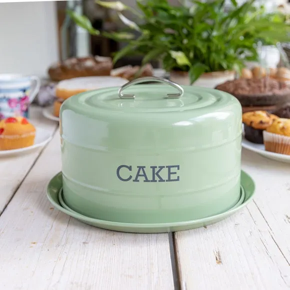 Round Cake Storage Tin with Handle - Sage, Metal image