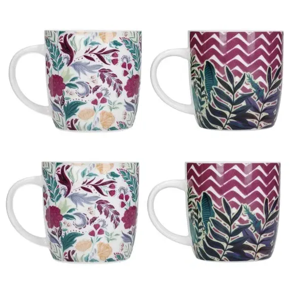 Set of 4 Mugs Floral Chevron - Purple, Stoneware