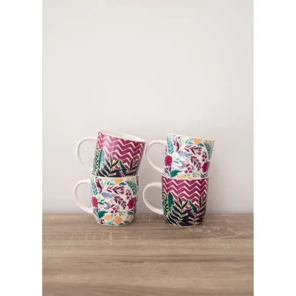 Set of 4 Mugs Floral Chevron - Purple, Stoneware