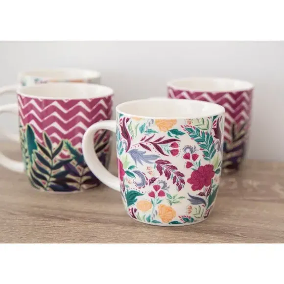 Set of 4 Mugs Floral Chevron - Purple, Stoneware