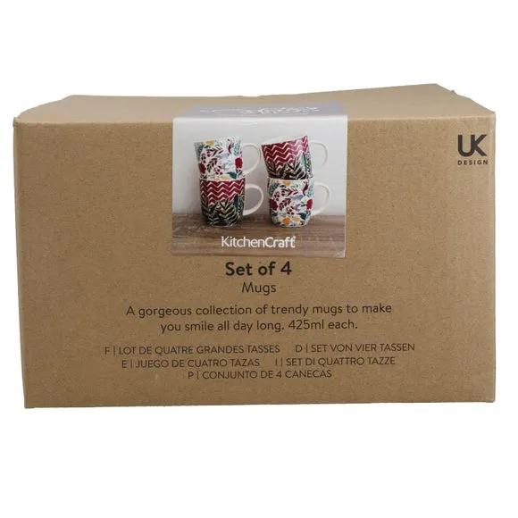 Set of 4 Mugs Floral Chevron - Purple, Stoneware