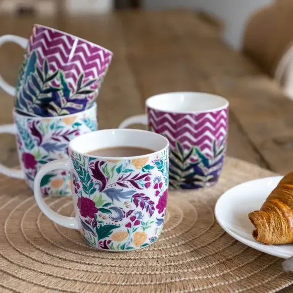 Set of 4 Mugs Floral Chevron - Purple, Stoneware image