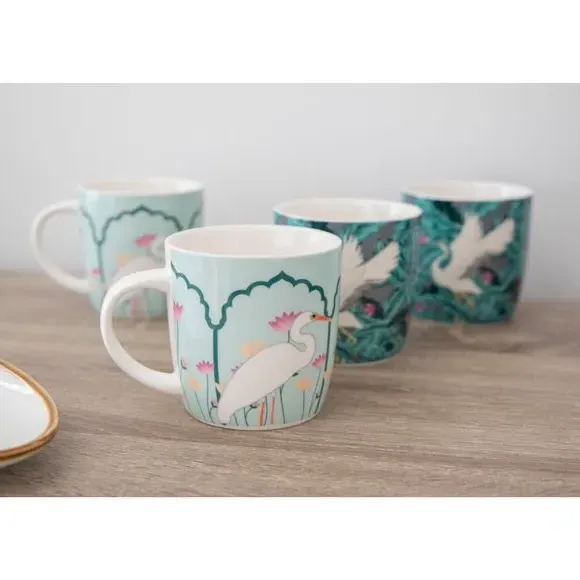 Set of 4 Mugs with Bird Design - Green, Stoneware
