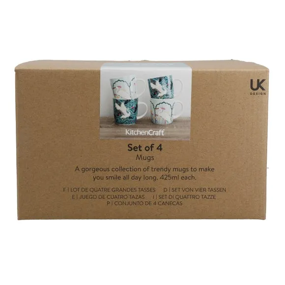 Set of 4 Mugs with Bird Design - Green, Stoneware