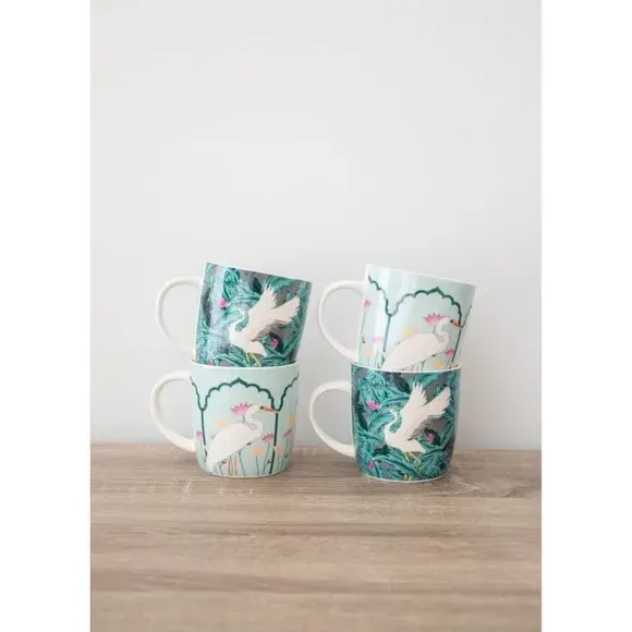 Set of 4 Mugs with Bird Design - Green, Stoneware image