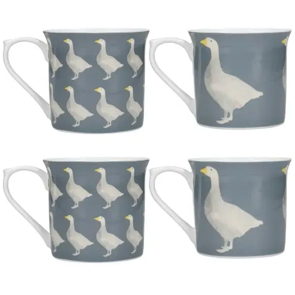 Set of 4 Mugs with Goose Design - Green, Bone China