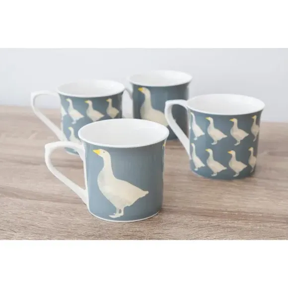 Set of 4 Mugs with Goose Design - Green, Bone China