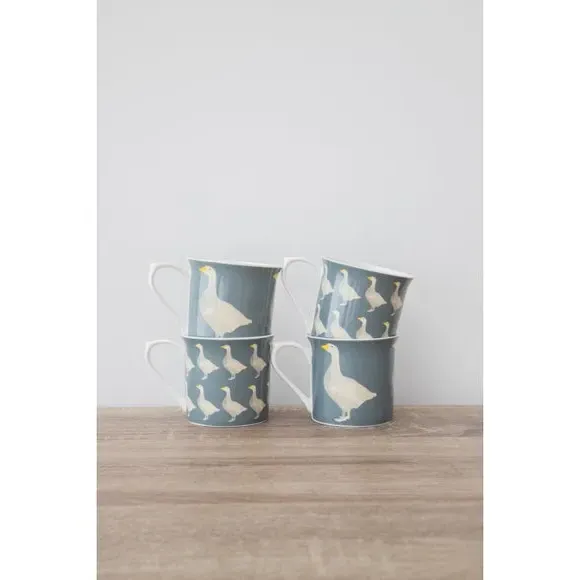 Set of 4 Mugs with Goose Design - Green, Bone China image