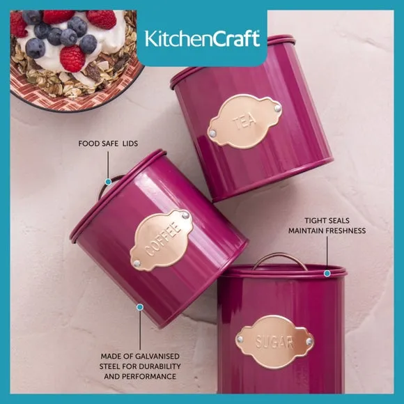 3-Piece Canister Set Airtight - Burgundy, Metal