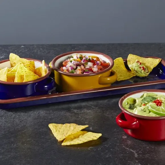 Set of 3 Dip Bowls with Tray - Multicolor, Enamel