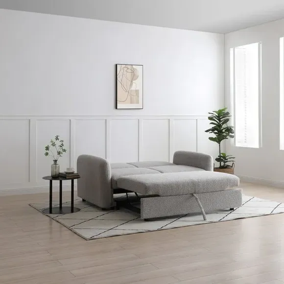 2-Seater Sofa Bed with Trundle - Natural, Boucle