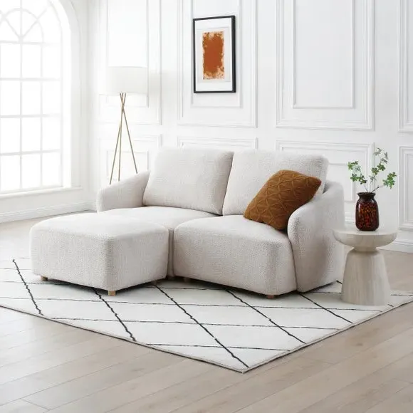 2-Seater Sofa with Footstool - Natural, Boucle image