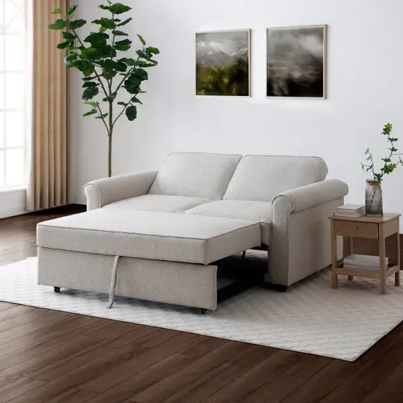 2-Seater Sofabed with Scroll Arms - Natural, Fabric