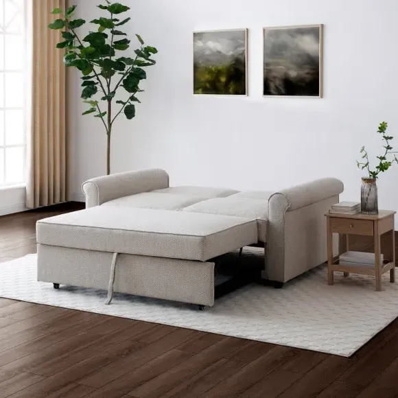 2-Seater Sofabed with Scroll Arms - Natural, Fabric