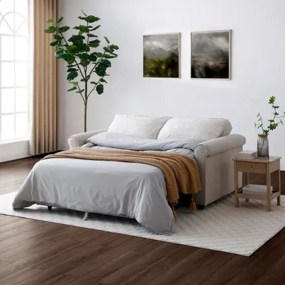 2-Seater Sofabed with Scroll Arms - Natural, Fabric