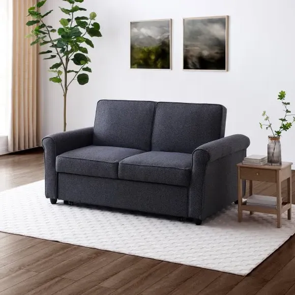 2-Seater Sofabed with Scroll Arms - Navy, Fabric