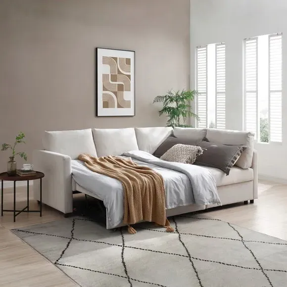 Corner Double Sofa Bed - Natural, Chenille