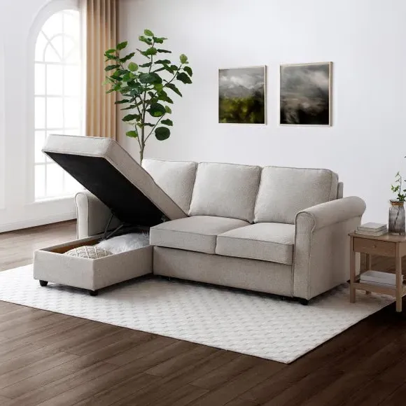 Corner Sofa Bed with Storage - Natural, Fabric