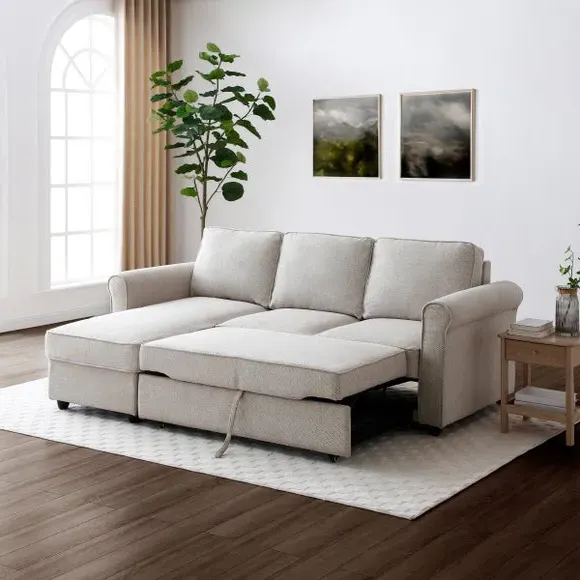 Corner Sofa Bed with Storage - Natural, Fabric