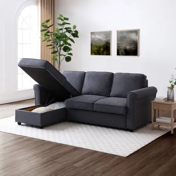 Corner Sofa Bed with Storage - Navy, Fabric