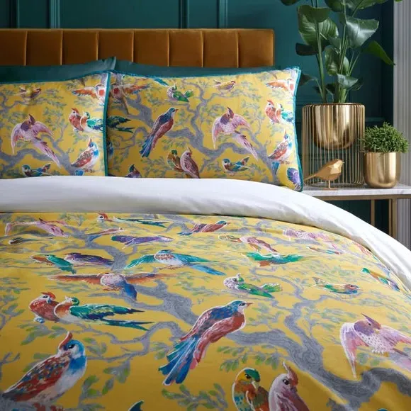 Duvet Cover Set with Bird Design - Yellow, Cotton