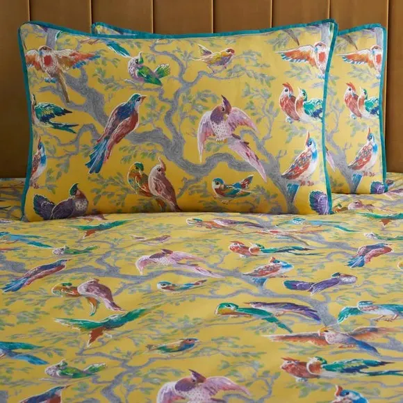 Duvet Cover Set with Bird Design - Yellow, Cotton