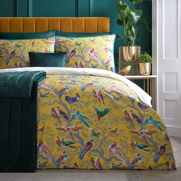 Duvet Cover Set with Bird Design - Yellow, Cotton