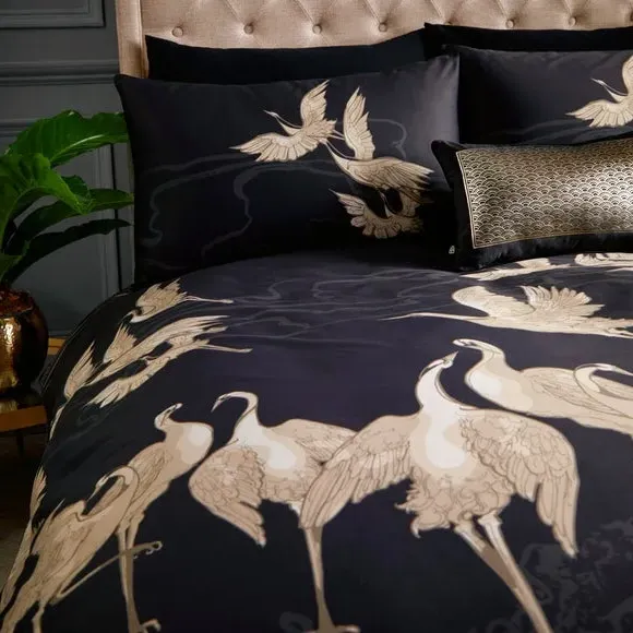 Duvet Cover Set with Crane Design - Black, Cotton