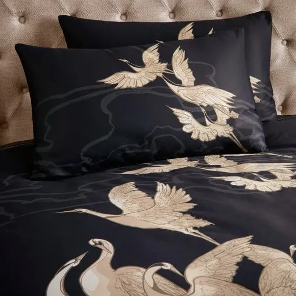 Duvet Cover Set with Crane Design - Black, Cotton