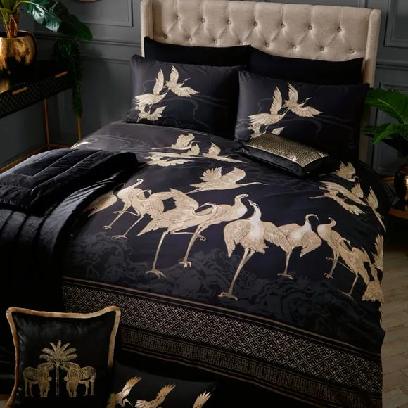 Duvet Cover Set with Crane Design - Black, Cotton